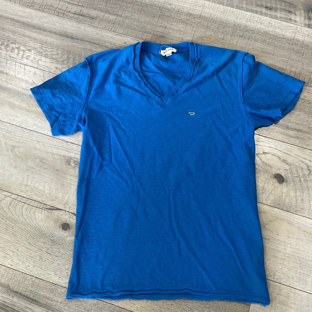 Diesel Tos Blue V-Neck T-Shirt Slub Knit Distressed Raw Edge Logo Size M